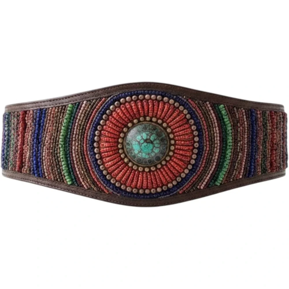 Chico Bohemian Beaded‎ Wide Belt Elastic Tribal Cowrie Shell Medallion Sz M/L